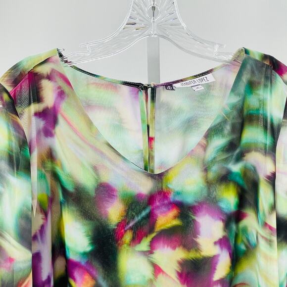 Jennifer Lopez Green Purple Psychedelic Print Layered Chiffon Bell Sleeve Top M - Picture 4 of 11